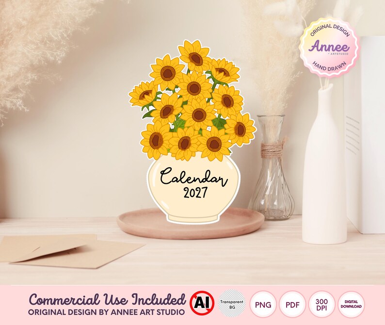 May include: A digital illustration of a bouquet of yellow sunflowers in a cream-coloured vase. The vase features the black text Calendar 2027. The design is presented as a flat graphic element with a white border, suitable for digital use.