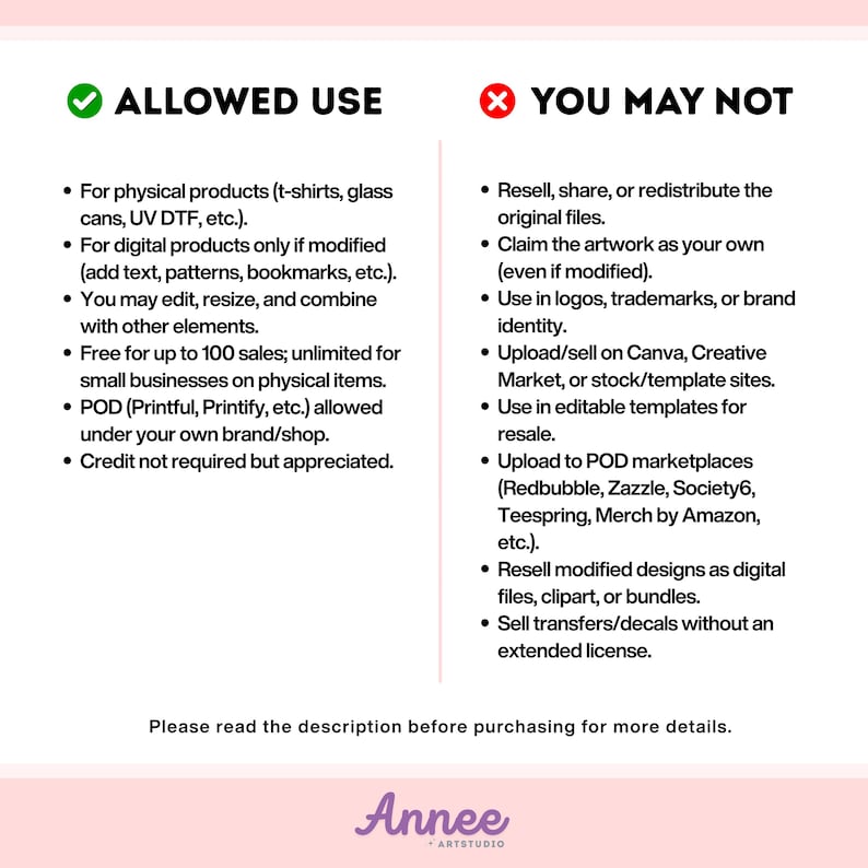May include: A white informational graphic with black text divided into two columns titled ALLOWED USE and YOU MAY NOT. The left side lists permissions for physical and digital products, while the right side lists prohibited actions. The bottom includes the text Annee Artstudio.