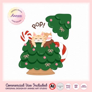Puede incluir: Una ilustración caprichosa presenta un árbol de Navidad verde con adornos y lazos rosas, un bastón de caramelo y un lindo gato atigrado naranja. La palabra "POP!" está encima del gato. Diseño de Annee Art Studio.