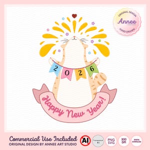 Könnte beinhalten: Cartoon-Illustration einer Katze, die das neue Jahr feiert. Die Katze hält ein Banner mit den Zahlen "2026" und ein rosa Banner mit der Aufschrift "Happy New Year!". Das Design umfasst gelbes Feuerwerk und Sterne.