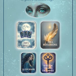 May include: A digital menu with a teal background and a decorative border. The menu features illustrations and text in French, including "MENU DU CARNET" and "Avance librement, au rythme de tes envies de tirage."