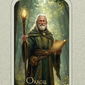 May include: An illustration of a Druid holding a staff with a glowing top and a scroll. The Druid is wearing a green robe with gold accents. The text "CARNET DE GUIDANCE INTUITIVE" and "ORACLE DES DRUIDES" are visible.