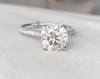 Round Cut Moissanite Engagement Ring, Hidden Halo 14K White Gold Plated Solitaire Wedding Ring, Attractive Three Side Pave Set Ring, Gifts