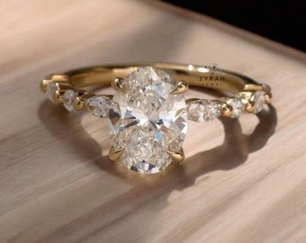 Unusual Engagement Ring, Wedding Ring Made of 14k Gold Plated, Women&#39;s Anniversary Ring, Present Gift for Her, 1.7 Ct Oval Moissanite Ring