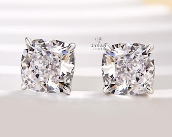 Pendientes de moissanita de talla cojín de 2,87 quilates, pendientes solitarios con engaste en garra, pendientes chapados en oro blanco de 14 quilates, pendientes de botón, regalos de cumpleaños