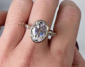 Delicate Engagement Ring For Women&#39;s, 14K White Gold Plated Ring, Anniversary Ring For Her, 2.8 Ct Oval Moissanite, Bezel Set Proposal Ring