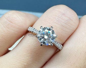 Delicate Wedding Ring For Her, 14K White Gold Plated Ring, Hidden Halo Engagement Ring, 1.7 Ct Round Moissanite Ring, Personalised Gifts