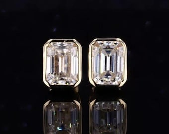 3.2 Ct  Emerald Cut Moissanite Stud Earring, Half Bezel Set Solitaire Studs, Daily Wear Classic Studs, Gold Plated Screw Back Studs Earrings