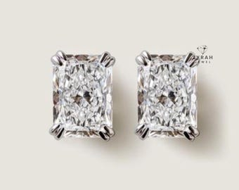 Minimalist Solitaire Stud Wedding Earrings, 14K White Gold Plated Earrings, 2.4 Ct Radiant Cut Moissanite Earrings, Stud Earrings For Womens