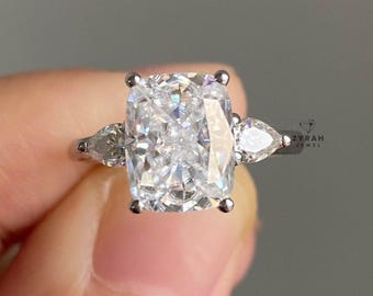 Attractive Three Stone Engagement Ring, Elongated 2.3 Ct Cushion Moissanite Bridal Ring, Personalised Gifts, 14K White Gold Plated Ring
