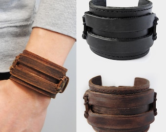 Ampio bracciale in pelle in stile vintage! Bracciale da surfista da uomo: bracciale in pelle regolabile, fatto a mano, da uomo.