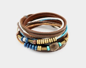 Lässiges Wickelarmband aus Leder und Baumwolle – verstellbar, handgefertigt, Armband, Lederarmband Herren Damen