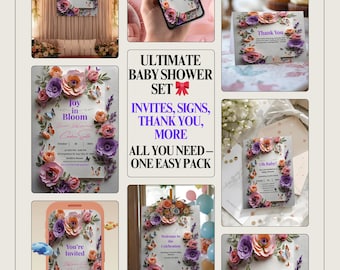 Pacchetto di inviti per baby shower in fiore: modelli floreali Canva (download digitale)