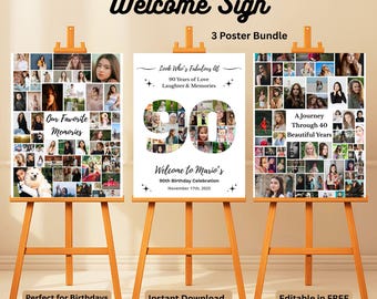 Editable 90th Birthday Welcome Sign | 90 Years of Memories Poster · Photo Collage Board · Printable Party Decorations | Instant Download