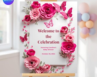 Letrero y póster de bienvenida rosa "Baby in Bloom", plantilla de letrero de bienvenida con diseño de mariposas y flores para baby shower, letrero editable en Canva, decoración para fiesta "Baby in Bloom"