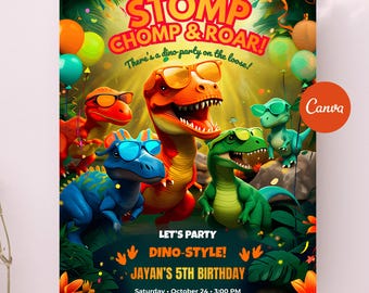 Editable Dinosaur Birthday Party Invitation Canva, Dino‑Style T‑Rex Invite, Dinosaur Birthday Invitation, Animal Party Invitation Template
