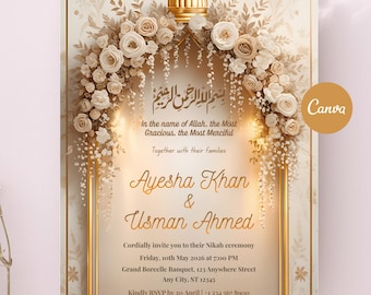 Luxury Islamic Wedding Invitation Canva Template | Gold Floral Arch Nikah Card | Editable Muslim Wedding Evite | Arabic Calligraphy Design