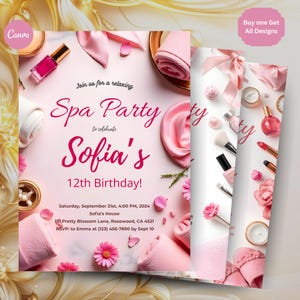 May include: Pink spa party invitation for Sofia's 12th birthday. The invitation includes text, flowers, and spa-related items like nail polish and makeup brushes. The invitation is set for September 21st, 2024.