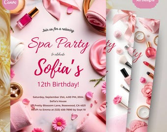 Editable Spa Party Invitation, Makeup Birthday Party, Pamper Party Invite, Girls Spa Sleepover, Pink Bow Invitation, Digital Canva Templates