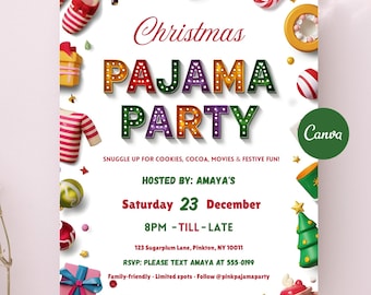 Christmas Pajama Party Invitation, Printable Holiday Sleepover Invite & Christmas Brunch Invite, Pajama Invite, Xmas Party, Editable Canva