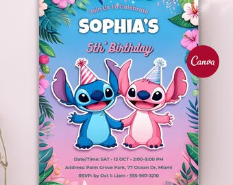 Lilo and Stitch Birthday Invitation, Editable Stitch and Angel Birthday Invitation Card, Printable Stitch Birthday Party Invitation