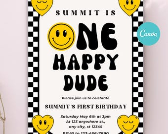 One Happy Dude Birthday Invitation, Groovy 1st Birthday Invite Boy, One Happy Dude Birthday Party Printable Template, Instant Download