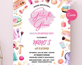 Glitz & Glam Makeup Birthday Party Invitation, Spa Party Invite for Tween Girls, Makeup Birthday glamour invitation, Editable Canva Template