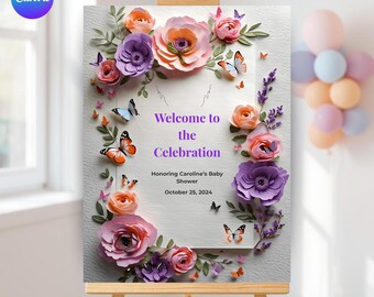 Invitación "Baby in Bloom" con cartel de bienvenida y plantilla de cartel de bienvenida para baby shower, cartel de Canva editable, fiesta imprimible "Baby in Bloom"