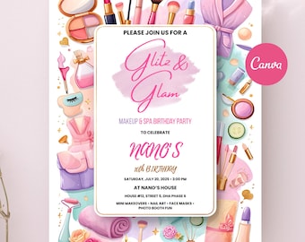 Glitz & Glam Spa Party Makeup Invitation, Tween Girl Birthday Invite, Pink Spa Party Makeup Invitation, glamour invitation, Canva Template