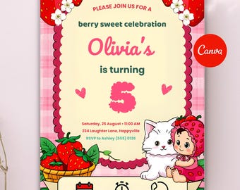 Strawberry Birthday Invitation | Editable Canva Template |Sweet One Party Printable Template | Digital Berry First Birthday Invitation