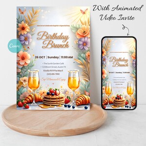 May include: A digital invitation for a birthday brunch, featuring floral and butterfly illustrations. The design includes text that reads "Birthday Brunch" with the date, time, and location. A smartphone displays the same invitation. Croissants, pancakes, and champagne glasses are also shown.
