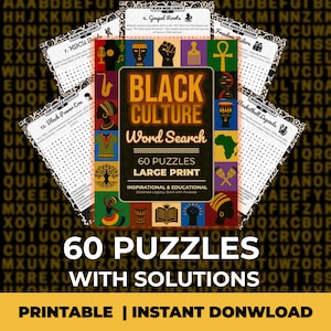 May include: A colorful word search book titled "Black Culture Word Search" with 60 puzzles and large print. The cover features illustrations and the text "Printable | Instant Download". Additional word search pages are visible.