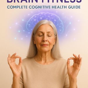 May include: An image featuring a woman with gray hair in a beige sweater, eyes closed, hands in a mudra pose. The text "SENIOR BRAIN FITNESS" and "COMPLETE COGNITIVE HEALTH GUIDE" are at the top. A glowing brain graphic is behind her.