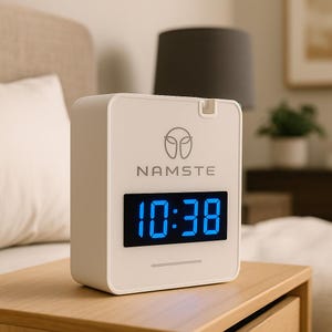 May include: A white digital alarm clock with the word "NAMSTE" printed on the front. The clock displays the time "10:38" in bright blue digits. The clock is on a wooden nightstand.