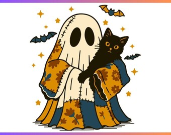 Retro Halloween Ghost And Cat Svg Png,Retro Halloween Blue Denim Ghost Svg Png, Spooky Season Png, Boo Ghost Coquette Png,Spooky Sublimation