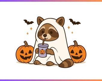 アライグマのゴースト ハロウィン SVG PNG、不気味な季節 Png、レトロなハロウィン SVG PNG、かわいいアライグマのシャツ Png、不気味なアライグマ PNG、カボチャの秋 Png、クリカット