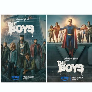 Peut inclure: Deux affiches promotionnelles pour la série télévisée "The Boys". L'affiche de gauche présente un groupe de personnages devant un bâtiment. L'affiche de droite montre un personnage dans une pose de super-héros. Les deux affiches ont le titre de l'émission en style graffiti et le logo "prime".
