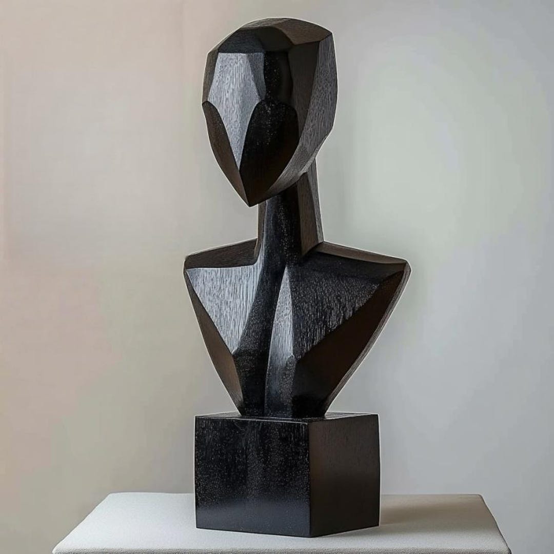 Modern Abstract Black Wood Bust Sculpture-geometric Human Figure Art ...