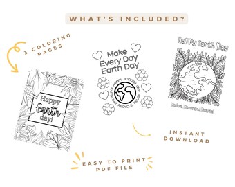 May include: Three black and white coloring pages featuring Earth Day themes. The first page says "Happy Earth Day!" with flowers and leaves surrounding the text. The second page says "Make Every Day Earth Day" with a heart and recycle symbols. The third page says "Happy Earth Day" with a globe surrounded by leaves and the text "Reduce, Reuse and Recycle!"