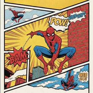 May include: Comic book-style invitation with the words "AMAZING FRIENDS" in blue. Features Spider-Man in action poses, with sound effects like "BAM" and "POW!" and prompts for date, place, time, and RSVP.
