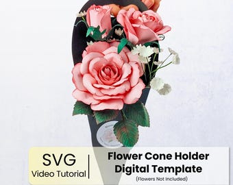 Flower Cone Holder Template Digital | SVG with Video Tutorial | DIY Bouquet Wrap | Cutting File for Cricut | Wedding & Anniversary