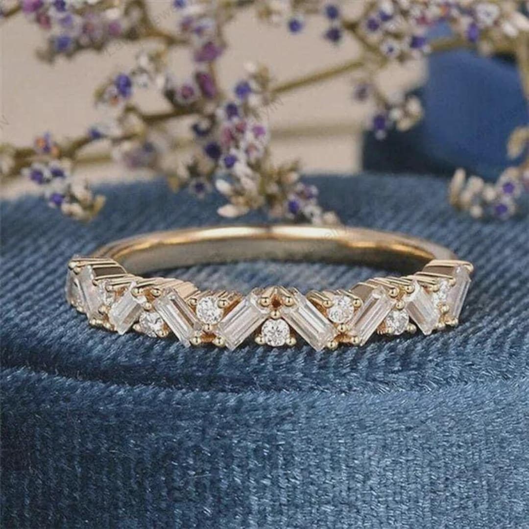 Moissanite Wedding Band, 14K Gold Half Eternity Stackable Ring - Etsy