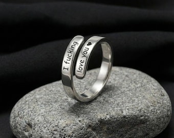 Ich liebe dich gravierter offener Bandring | Einstellbar Sterling Silber, lustiges Geschenk