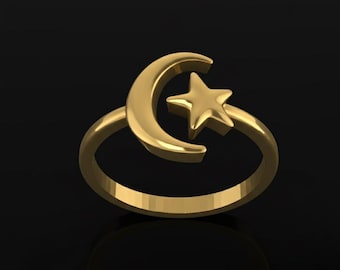Minimalist Crescent Moon and Star Ring, Celestial Inspired Polished Metal Open Design Statement Jewelry
