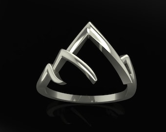 Anillo de montaña geométrico minimalista con un diseño angular moderno con una elegante banda de metal contemporáneo pulido.