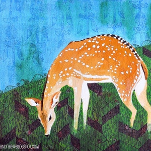May include: A painting of a spotted fawn with a white underbelly, standing in a field of green grass with a blue background.