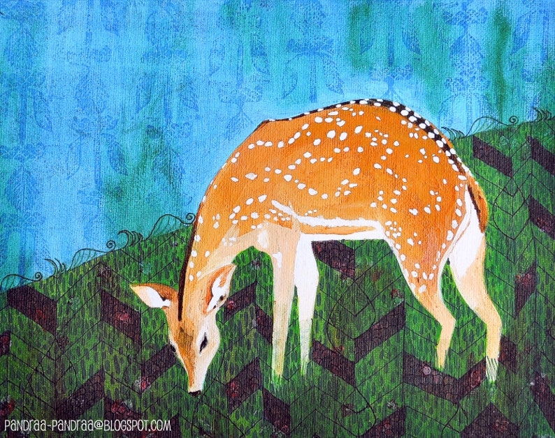 May include: A painting of a spotted fawn with a white underbelly, standing in a field of green grass with a blue background.