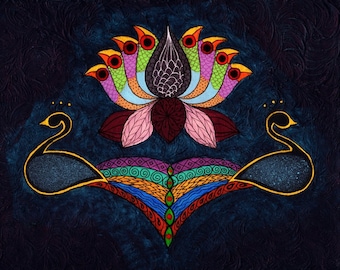 May include: A colorful painting of two peacocks with their tails spread out in a fan shape. The peacocks are facing each other and are centered around a large, multi-colored lotus flower.