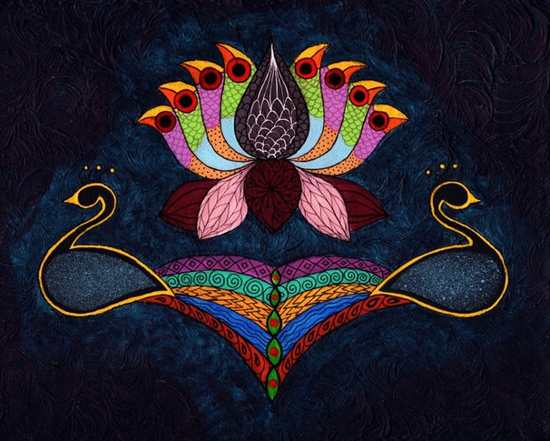 May include: A colorful painting of two peacocks with their tails spread out in a fan shape. The peacocks are facing each other and are centered around a large, multi-colored lotus flower.