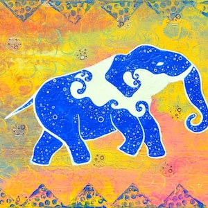 Olifant schilderij, kwekerij olifant kunst print, Indiase olifant kunst print, oranje geel blauwe olifant print, Indiaas ontwerp, Water Olifant